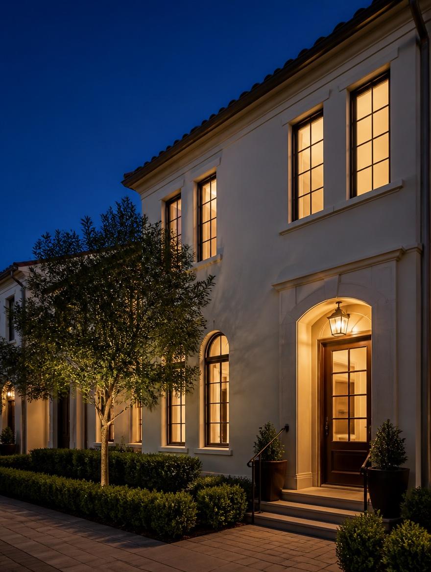 Townhome entrance glowing at blue hour